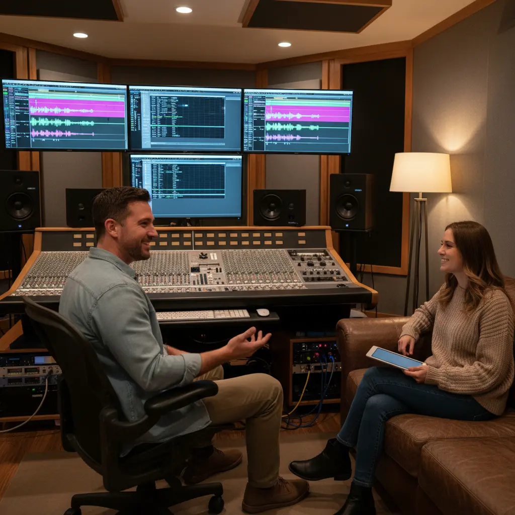 Engineer collaborating with a client inside OreedRec Audio Studio Doha